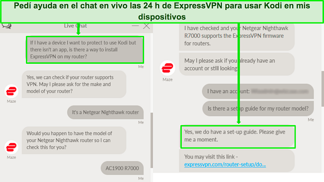 Captura de pantalla de un intercambio con el soporte de chat en vivo de ExpressVPN sobre el uso de ExpressVPN en un enrutador para trabajar con Kodi