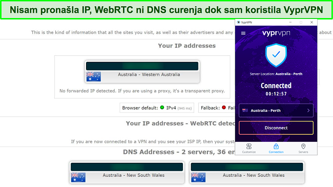 Snimka zaslona testa curenja IP-a i DNS-a provedenog na VyprVPN poslužitelju