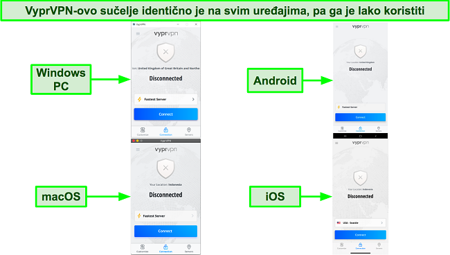 Snimke zaslona sučelja aplikacije VyprVPN na Windows PC-u, Androidu, macOS-u i iOS-u