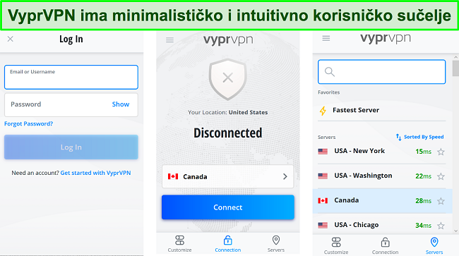 Snimke zaslona korisničkog sučelja aplikacije VyprVPN