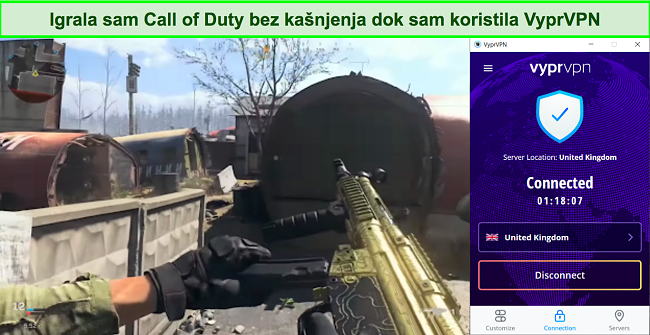 Snimka zaslona VyprVPN-a koji radi s Call of Duty