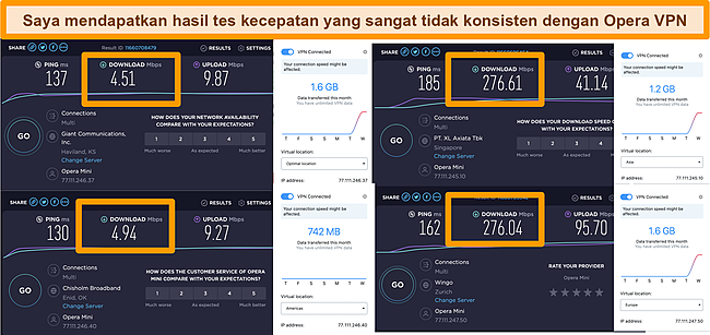 Tangkapan layar hasil tes kecepatan VPN Opera.