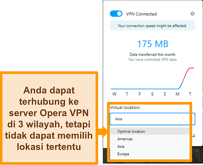 Cuplikan layar menu lokasi virtual Opera VPN.