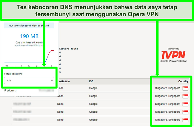 Tangkapan layar hasil uji kebocoran DNS yang menunjukkan tidak ada kebocoran saat terhubung ke Opera VPN.