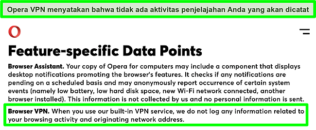Cuplikan layar kebijakan privasi Opera yang menunjukkan VPN tidak merekam log.