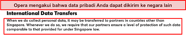 Cuplikan layar kebijakan Opera tentang transfer data internasional.