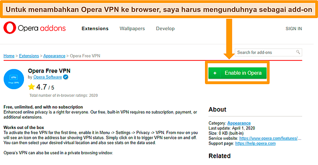 Cuplikan layar situs web add-on Opera VPN.