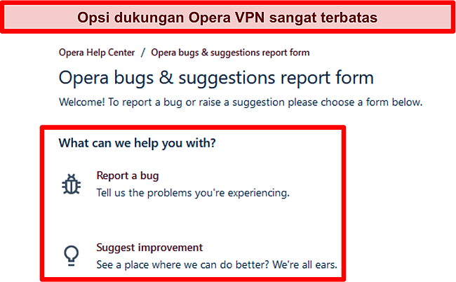 Tangkapan layar halaman saran dan pelaporan bug online Opera VPN.