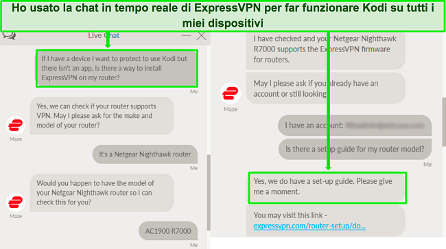 Screenshot di uno scambio con il supporto della chat dal vivo di ExpressVPN sull'utilizzo di ExpressVPN su un router per lavorare con Kodi