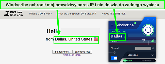 Zrzut ekranu pokazujący wyniki testu szczelności DNS przekazane po połączeniu z WIndscribe.