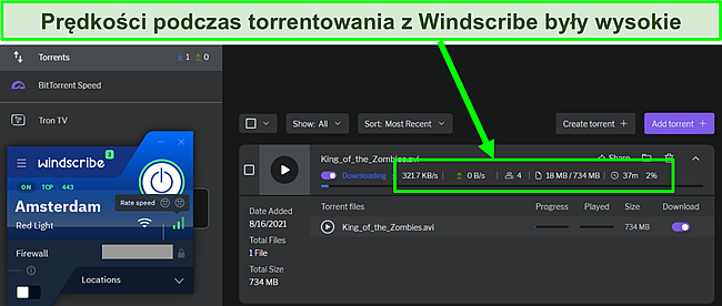 Zrzut ekranu przedstawiający duże prędkości podczas torrentowania za pomocą Windscribe.