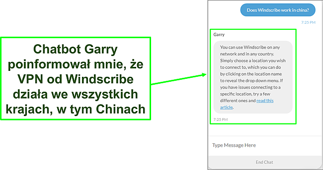 Zrzut ekranu czatu z obsługą pokazującą, że WIndscribe działa w Chinach.