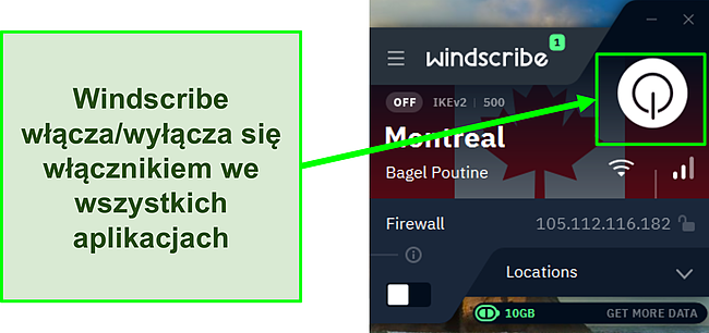 Zrzut ekranu pokazujący, jak włączyć Windscribe VPN.