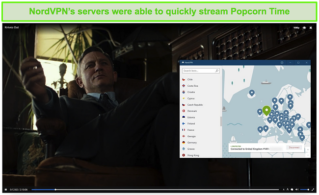 Screenshot NordVPN ochrana Popcorn Time, zatímco streaming Nože