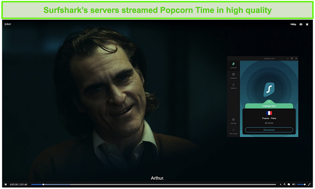 Schermata di Surfshark protezione di Popcorn Time, mentre in streaming Joker