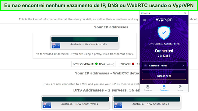 Captura de tela de um teste de vazamento de IP e DNS realizado em um servidor VyprVPN