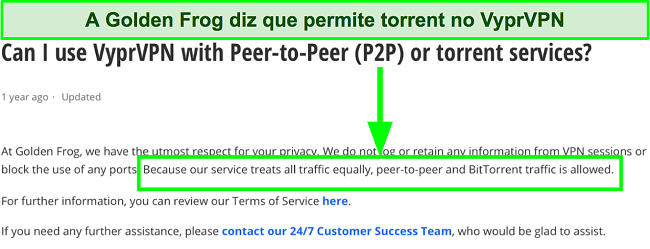 Captura de tela de um FAQ no site VyprVPN