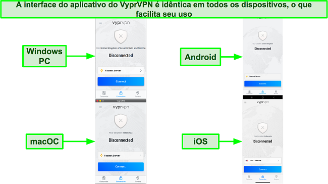 Capturas de tela da interface do aplicativo VyprVPN no Windows PC, Android, macOS e iOS