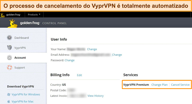 Captura de tela das configurações da conta do VyprVPN