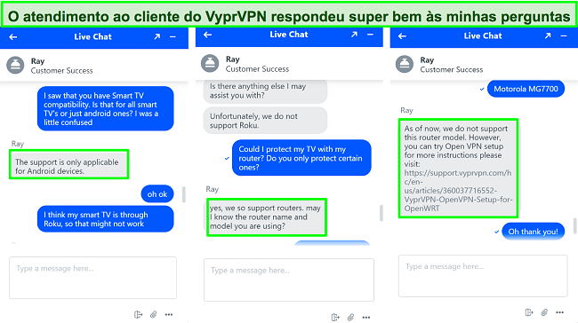 Capturas de tela do bate-papo ao vivo do VyprVPN