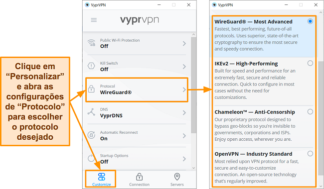 Captura de tela das opções de protocolo do VyprVPN