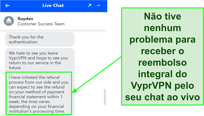 Captura de tela do agente de chat ao vivo do VyprVPN 24 horas por dia, 7 dias por semana, aprovando uma solicitação de reembolso