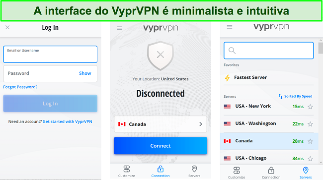 Capturas de tela da interface de usuário do aplicativo VyprVPN