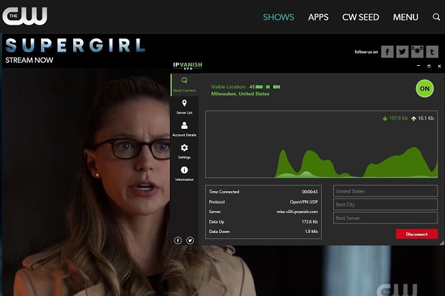 Screenshot of IPVanish works with Supergirl