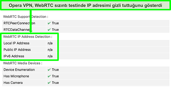 WebRTC sızıntı testini geçen OperaVPN'in ekran görüntüsü.