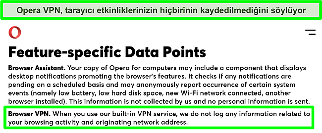 Opera'nın VPN'nin günlükleri kaydetmediğini gösteren gizlilik politikasının ekran görüntüsü.