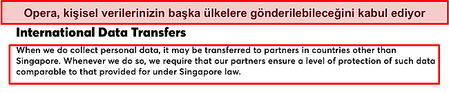 Opera'nın uluslararası veri aktarımlarına ilişkin politikasının ekran görüntüsü.