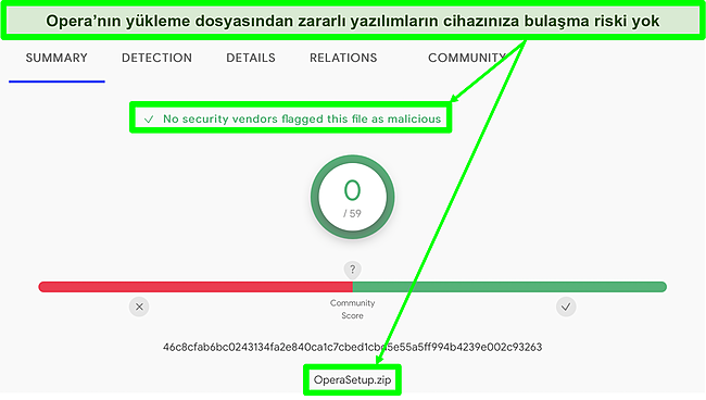 Opera'nın yükleme dosyasında virüs bulunmadığını gösteren kötü amaçlı yazılım taramasının ekran görüntüsü.