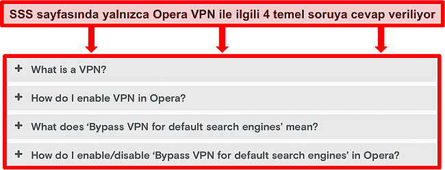Opera VPN SSS'lerinin ekran görüntüsü.
