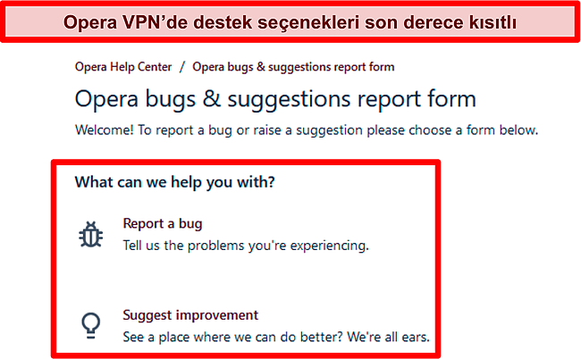 Opera VPN'nin çevrimiçi hata raporlama ve öneri sayfasının ekran görüntüsü.