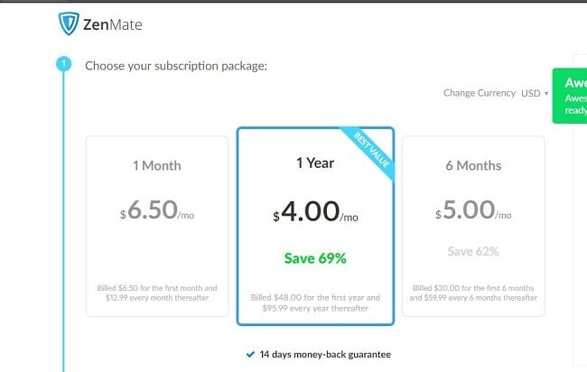 Screenshot of ZenMate price list