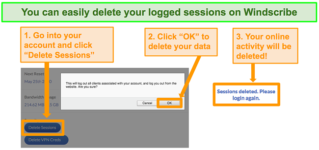Screenshot of option to delete data on Windscribe account