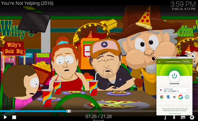 Képernyőkép egy Kodi-kiegészítőről, amely a South Parkban játszik 4K-ban, miközben az ExpressVPN egy egyesült államokbeli szerverhez csatlakozik