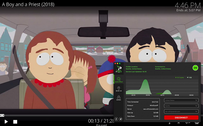 Captura de tela de South Park jogando no Kodi enquanto o IPVanish está conectado a um servidor nos EUA