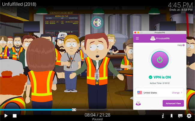 Capture d'écran de South Park en streaming sur Kodi pendant que PrivateVPN est connecté à un serveur aux États-Unis