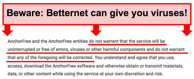Screenshot of Betternet's terms that do not guarantee protection against malware