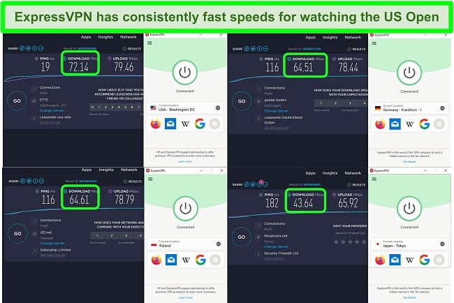 Screenshots of speed tests on 4 ExpressVPN servers in the US