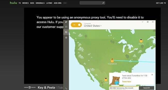 Screenshot of TunnelBear VPN not working with Hulu