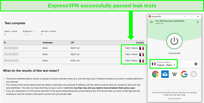 Screenshot of ExpressVPN connected to a Paris server and passing a DNS and IP address leak test