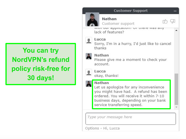 Capture d'écran du support client NordVPN approuvant une demande de remboursement via un chat en direct