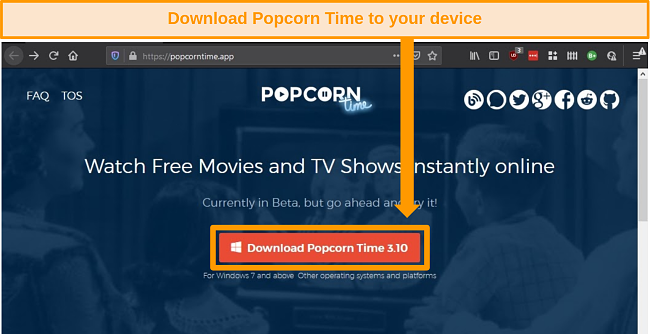 zrzut ekranu strony głównej Popcorn Time z przyciskiem pobierania