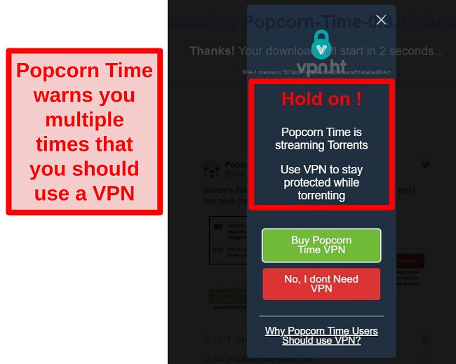 Screenshot z Popcorn Time varování uživatele, že je třeba použít VPN