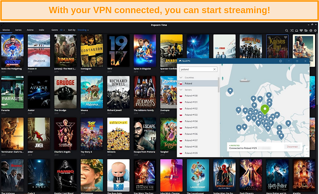 Screenshot of Popcorn Time library while connected to NordVPN