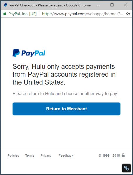 Hulu принимает только счета PayPal в США