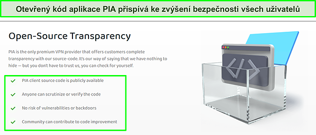 Screenshot z webových stránek PIA s podrobnostmi o transparentnosti jeho otevřeného zdrojového kódu.