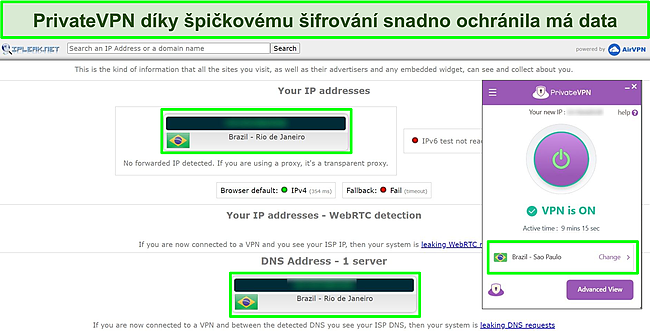 Snímek obrazovky PrivateVPN připojeného k brazilskému serveru s výsledky testu úniku IP, který neukazuje žádné úniky dat.